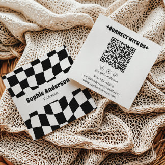 Modern Black & White Chequered QR Code Square Business Card