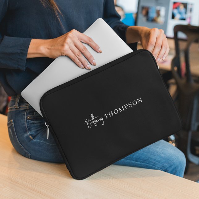 Modern Black White Chic Script Monogram  Laptop Sleeve (Creator Uploaded)