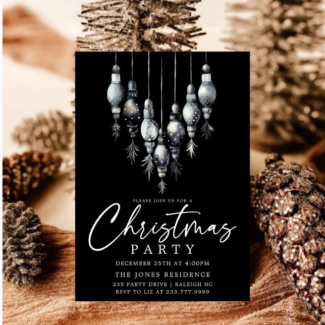 Modern Black & White Christmas Ornaments Party Invitation (Creator Uploaded)