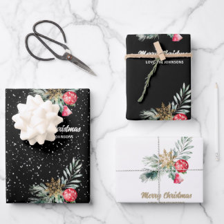 Modern Black & White Christmas Script Set Wrapping Paper Sheet