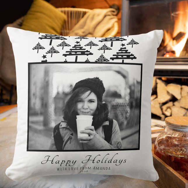 Modern Black White Christmas Tree Holiday Photo Cushion (Creator Uploaded)