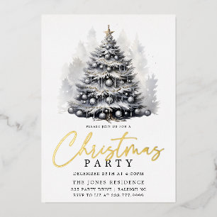 Modern Black & White Christmas Tree Party Foil Holiday Card