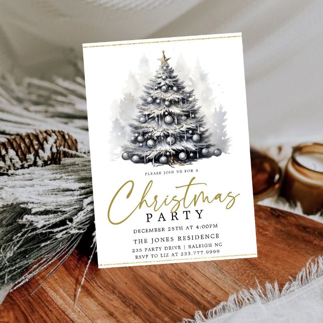 Modern Black & White  Christmas Tree Party Gold Invitation (Creator Uploaded)