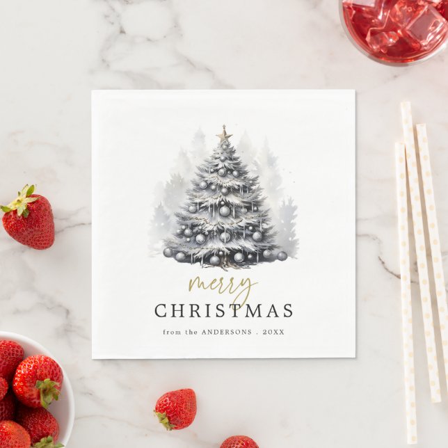 Modern Black & White Christmas Tree Party Napkin (Insitu)