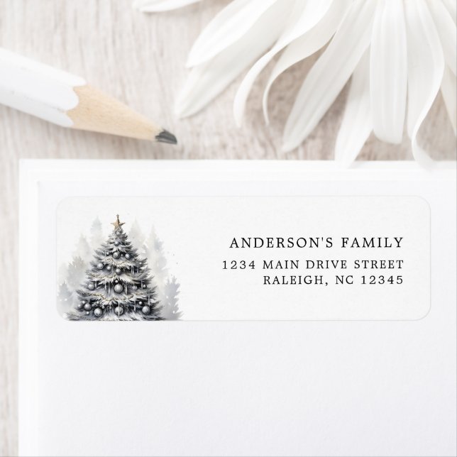 Modern Black & White Christmas Tree Party Return Address Label (Insitu)