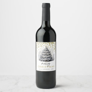 Modern Black & White Christmas Tree Party Wine Label