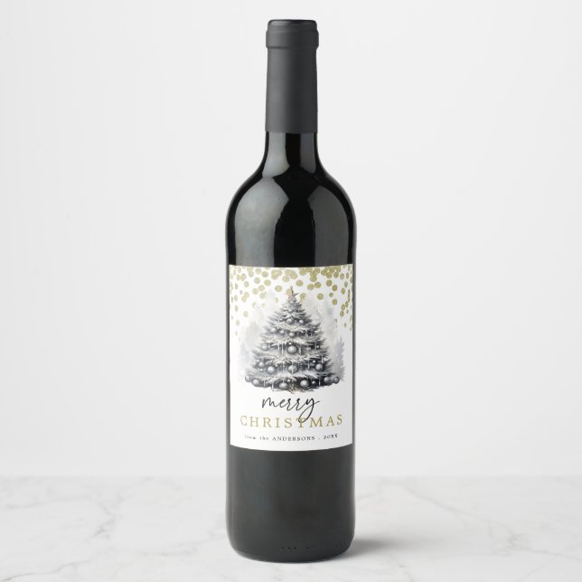 Modern Black & White Christmas Tree Party Wine Label (Front)