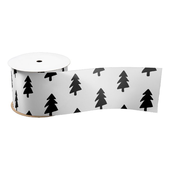 Modern Black & White Christmas Tree Pattern Satin Ribbon (Spool)