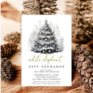 Modern Black White Christmas Tree White Elephant Invitation