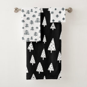 Modern Black & White Christmas Trees Snowflakes Bath Towel Set