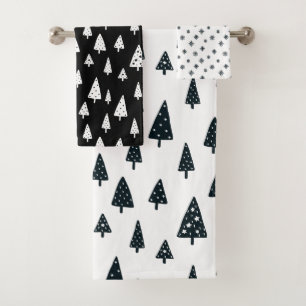 Modern Black & White Christmas Trees Snowflakes Bath Towel Set