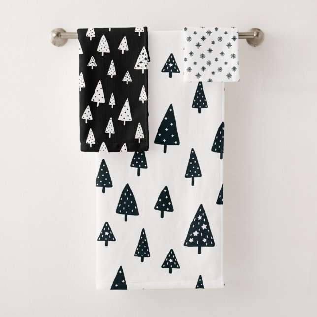 Modern Black & White Christmas Trees Snowflakes Bath Towel Set (Insitu)