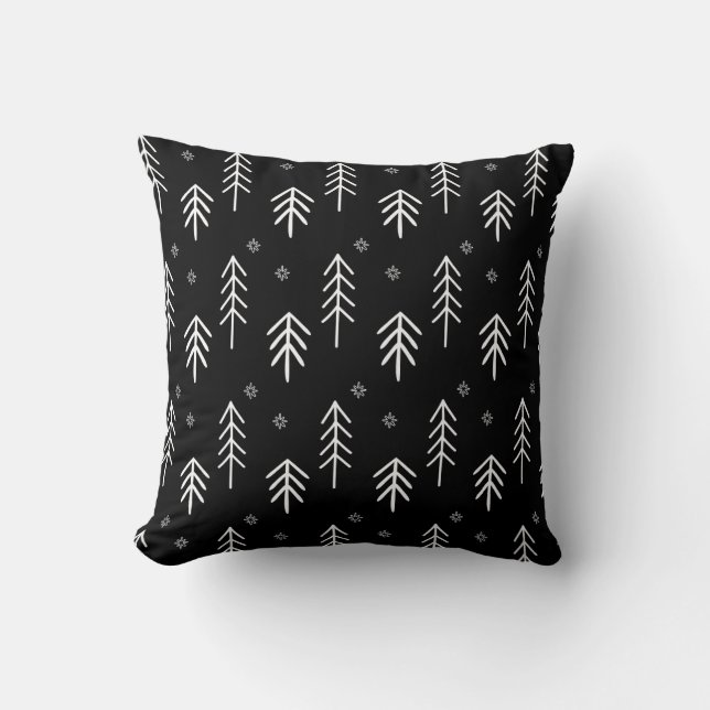 Modern Black & White Christmas Trees Snowflakes Cushion (Front)