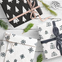 Modern Black & White Christmas Trees Snowflakes