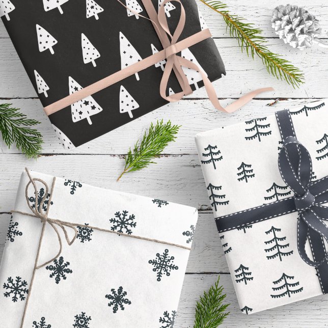 Modern Black & White Christmas Trees Snowflakes Wrapping Paper Sheet (Creator Uploaded)