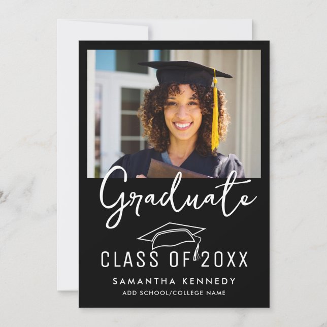 Modern Black & White Class of 2025 Grad Cap Photo Invitation (Front)
