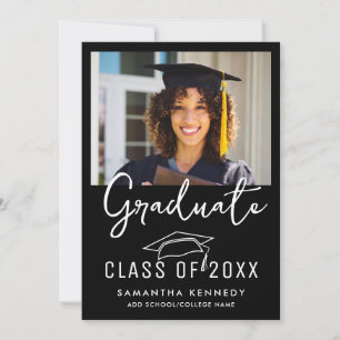 Modern Black & White Class of 2025 Grad Cap Photo Invitation