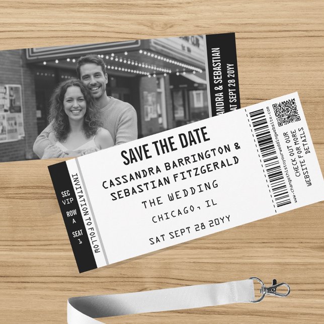 Modern Black White Concert Ticket Photo QR Wedding Save The Date (Concert Ticket Save the Date for Your Music Themed Wedding. Your photo on the back and QR code.)
