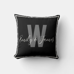 Modern Black White Couple Monogram Border Cushion