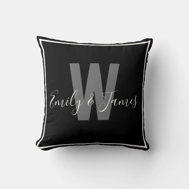 Modern Black White Couple Monogram Border Cushion (Front)