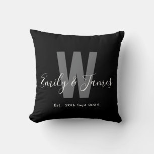 Modern Black White Couple Monogram Date Cushion