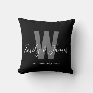 Modern Black White Couple Monogram Date Cushion