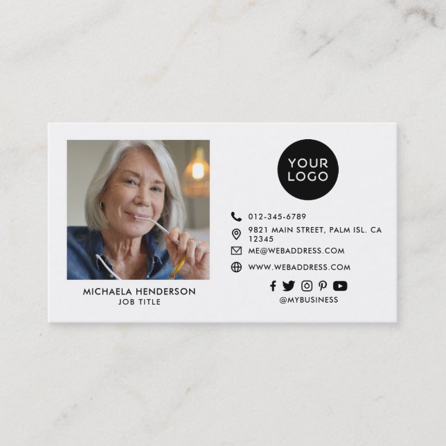 Modern Black & White Custom Logo, Socials & Photo  Business Card (Front)