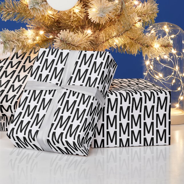 Modern black white custom monogram initial chic wrapping paper (Holidays)