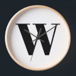 Modern black white custom monogram initial letter clock<br><div class="desc">Modern custom monogram initial letter typography elegant wall Clock.
Custom black text,  white background.

Available in different shapes (round or square) sizes and materials</div>