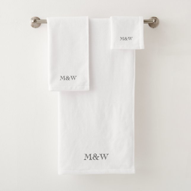 Modern black white custom serif monogram chic bath towel set (Insitu)