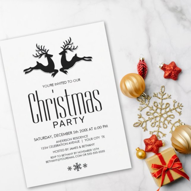 Modern Black White Deer Christmas Party Invitation (Creator Uploaded)
