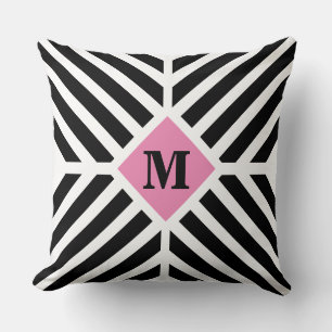 Modern Black White Diagonal Stripes Monogram Cushion