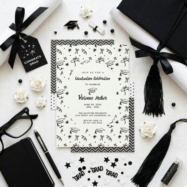 Modern Black & White Doodle Party Graduation Invitation (Black and White Doodle Graduation Invite)