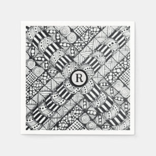 Modern Black & White Doodled Pinwheel & Monogram Napkin