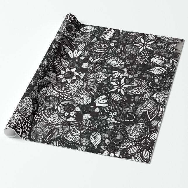 Modern Black & White Drawn Floral Collage Wrapping Paper (Unrolled)