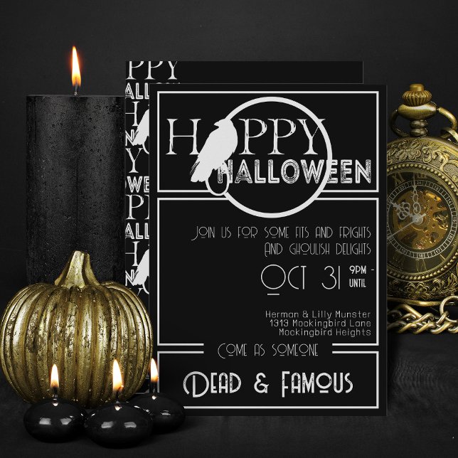 Modern Black White Elegant Adult Halloween Party Invitation (Elegant black and white flat halloween invitations)