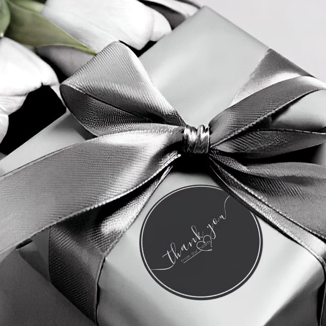 Modern Black & White Elegant Calligraphy Wedding  Classic Round Sticker (elegant black and white wedding thank you sticker with elegant calligraphy script and heart)