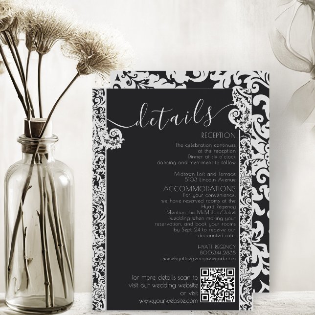 Modern Black & White Elegant Floral Damask Wedding Enclosure Card (modern black and white elegant floral damask wedding details enclosure card)