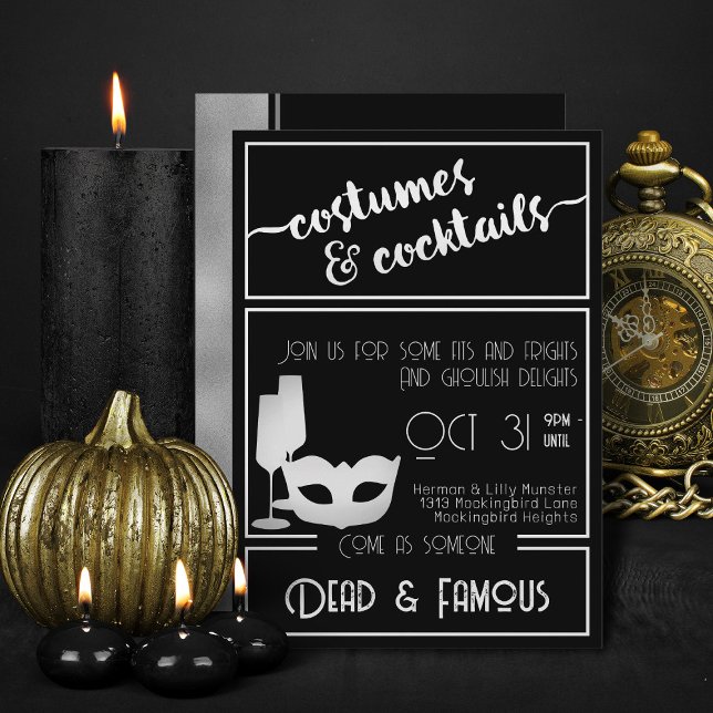 Modern Black White Elegant Halloween Party  Invitation (Elegant Black And White costumes and cocktails Halloween invitations)