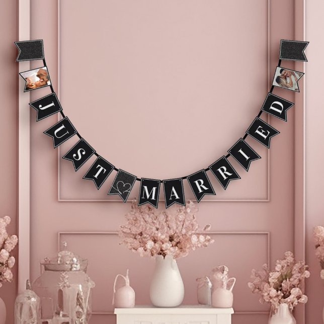Modern Black & White Elegant Just Married Bunting (elegant black and white just married wedding sign with couple's photo and sparkling glitter)