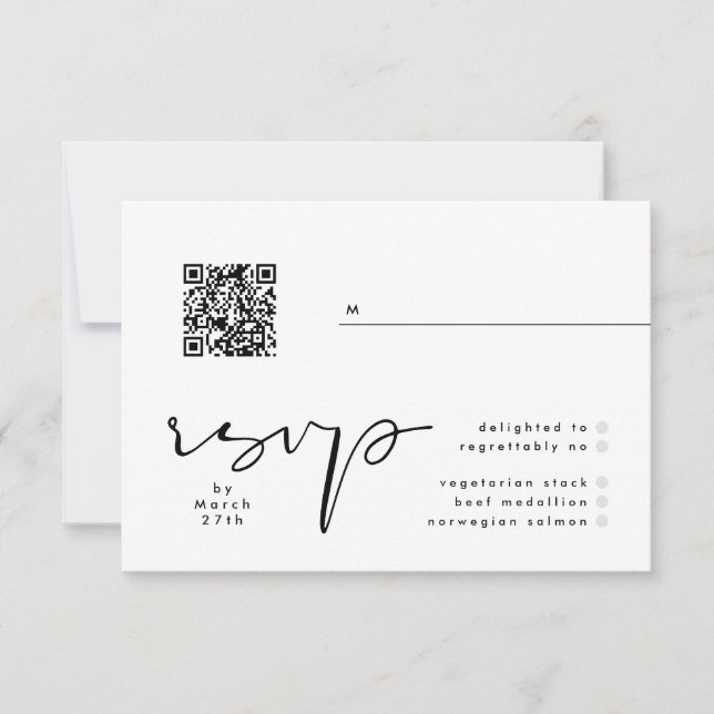 Modern Black & White Elegant QR Wedding RSVP Card (Front)
