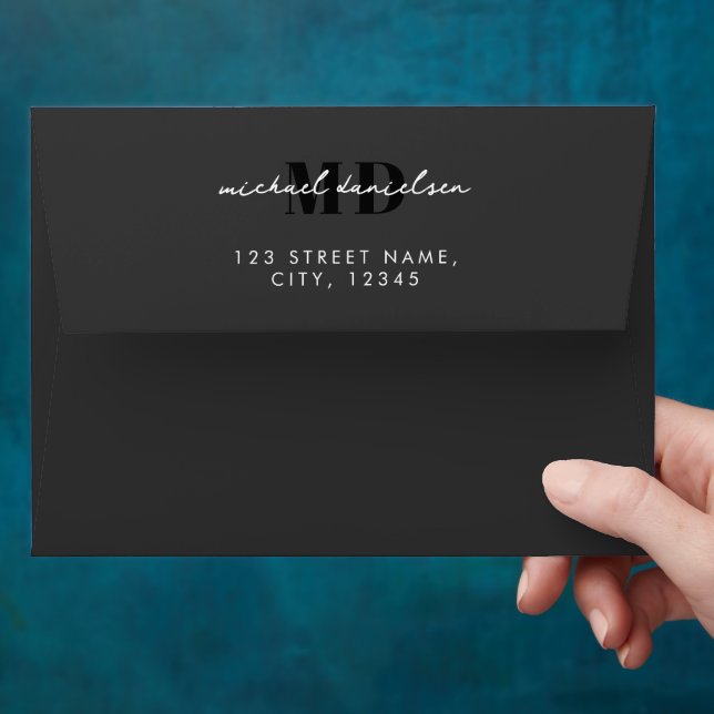 Modern Black & White Elegant Script Monogrammed Envelope (Hand)