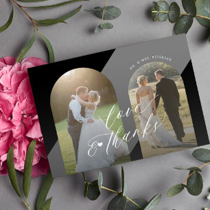 Modern black white elegant script photo wedding thank you card