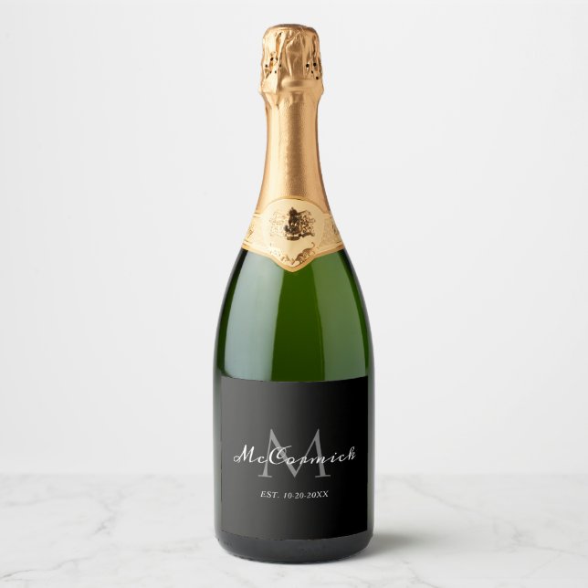 Modern Black White Established Script Monogram Sparkling Wine Label (Front)