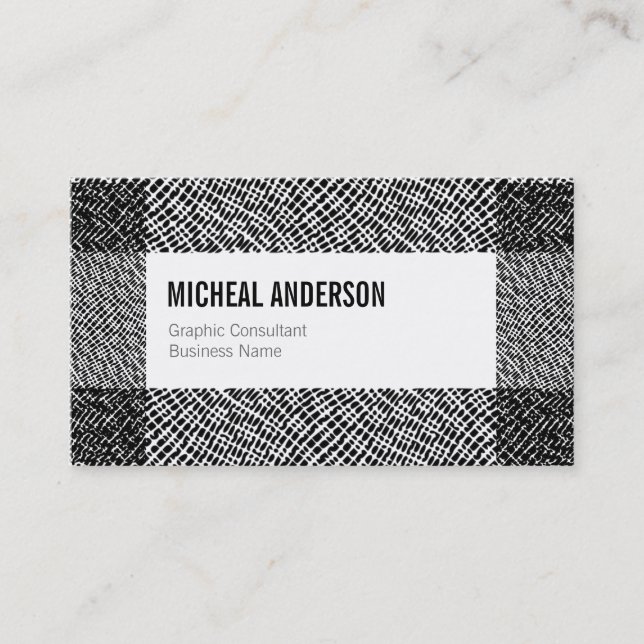 Modern Black White Etched Graphic Pattern Border Business Card (Front)