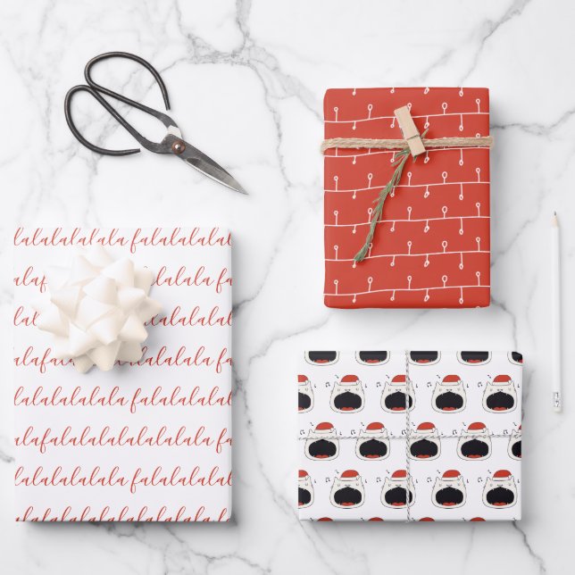 Modern Black & White Fa La La La La Singing Cat Wrapping Paper Sheet (Front)