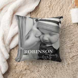 Modern Black & White Family Name Two Photo Cushion