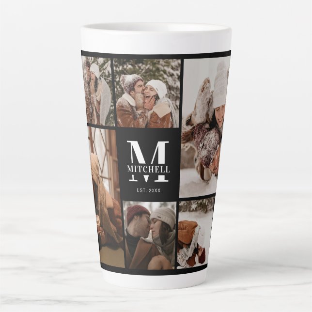 Modern Black & White Family Photo Collage Keepsake Latte Mug (Front)