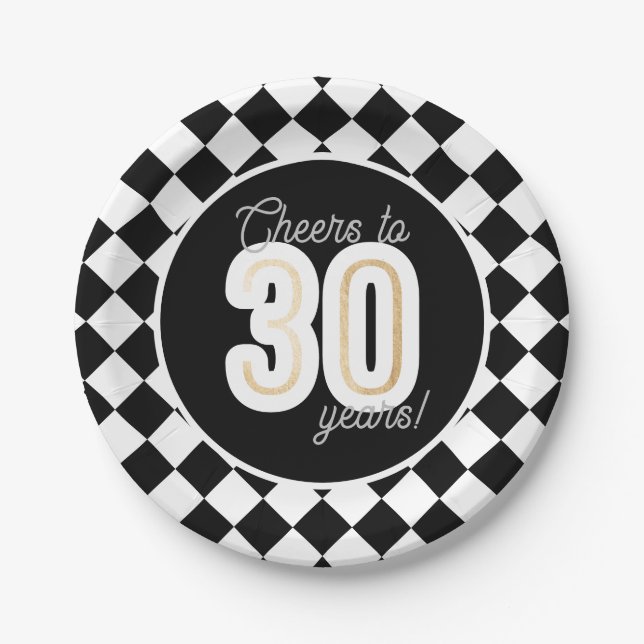 Modern Black & White Faux Gold 30th Birthday Paper Plate (Front)