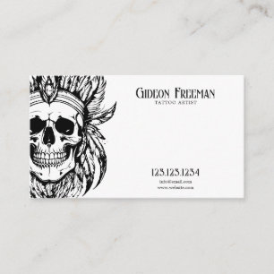 Modern Black & White Feathers Skull Tattoo Artist Business Card